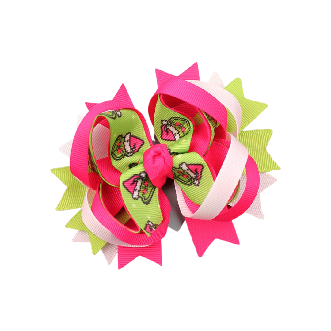 Pink and green Grinch-themed boutique hair bow with layered grosgrain ribbon and festive holiday design, pink grinch hair bow for girls, grinchmas hair bows for girls, online kids boutique, grinch hair bows