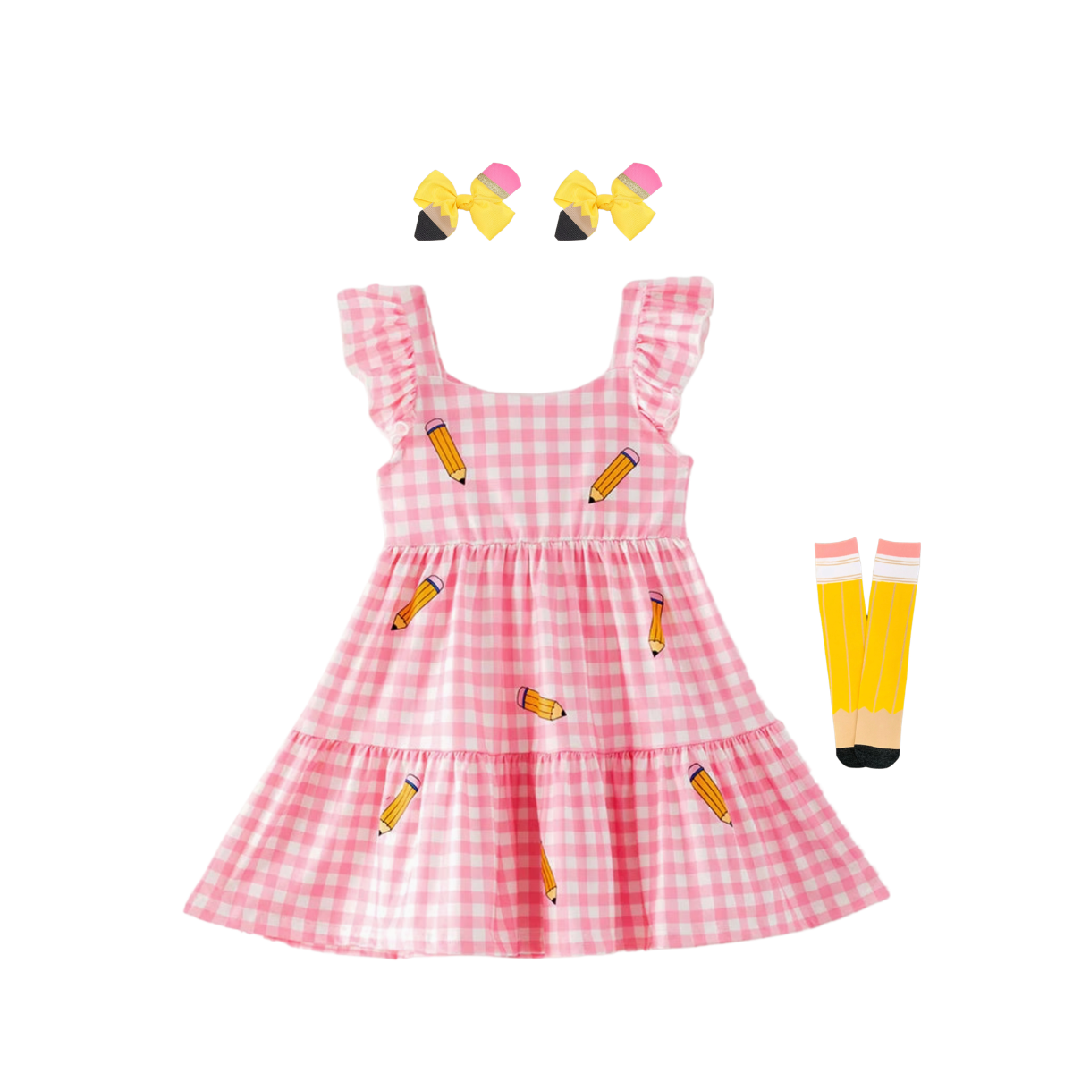 Girls Pink Gingham Back-to-School Pencil Dress Tiered Kids Dress