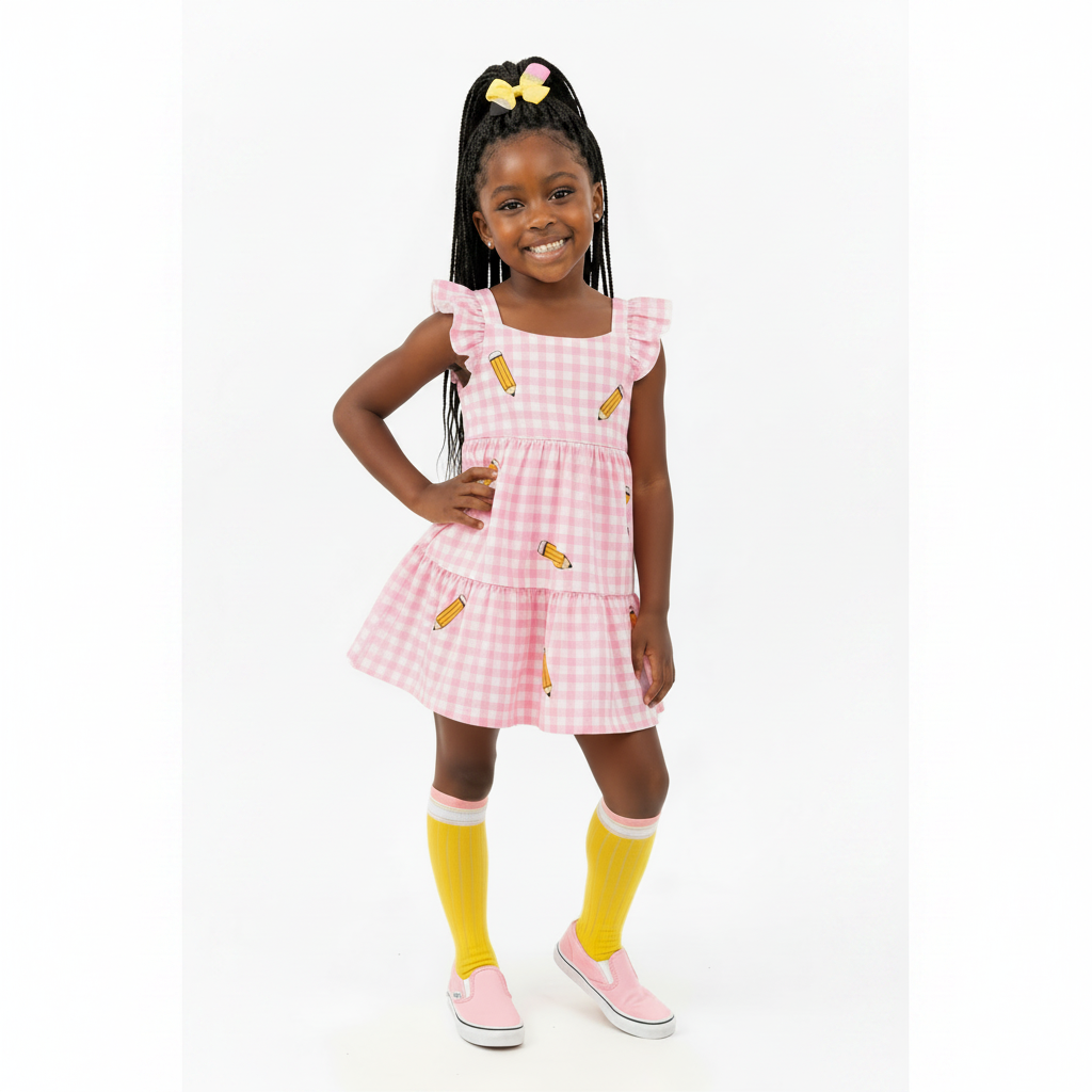 Pink and white gingham check back-to-school girls dress featuring a yellow pencil print, flutter ruffle sleeves, and a tiered dress, kids online boutique clothing, custom back to school outfit, baby and kids online boutique clothes
