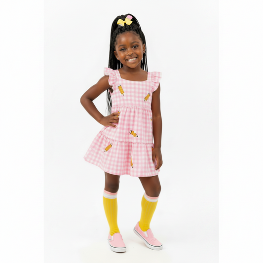 Pink and white gingham check back-to-school girls dress featuring a yellow pencil print, flutter ruffle sleeves, and a tiered dress, kids online boutique clothing, custom back to school outfit, baby and kids online boutique clothes