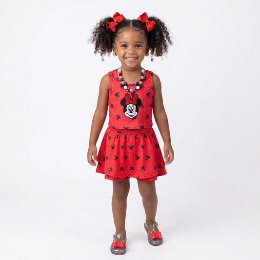 outfit for disney park, minnie mouse girls outfit, minnie mouse short set, Minnie Mouse skort set tiered skort disney character outfit for girls, online kids boutique disney clothing, red Minnie Mouse outift, Disney vacation clothes, theme park kids clothes