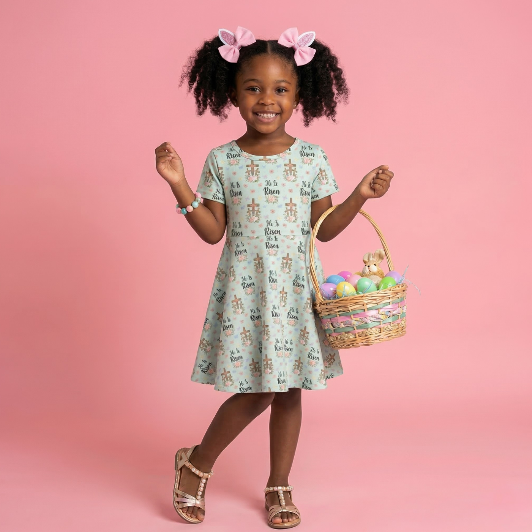 Little girl's mint green Easter dress featuring "He Is Risen", floral crosses, and butterflies

Girls Easter Dress, He Is Risen Outfit, Religious Kids Clothing, Floral Cross Dress, Mint Green Toddler Dress, Sunday Best Girls, Christian Easter Apparel, Girls Church Dress, Spring Floral Dress for Girls, easter sunday dress, kids online boutique clothing for Easter
