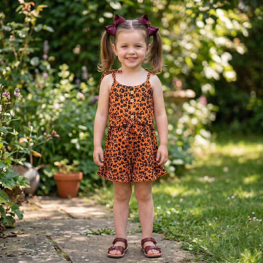 leopard print romper ruffles, girls leopard jumpsuit, kids leopard jumpsuit, trending summer and spring jumpsuits, kids boutique clothing, summer jumpsuits and rompers for girl's baby and kids online boutique clothing