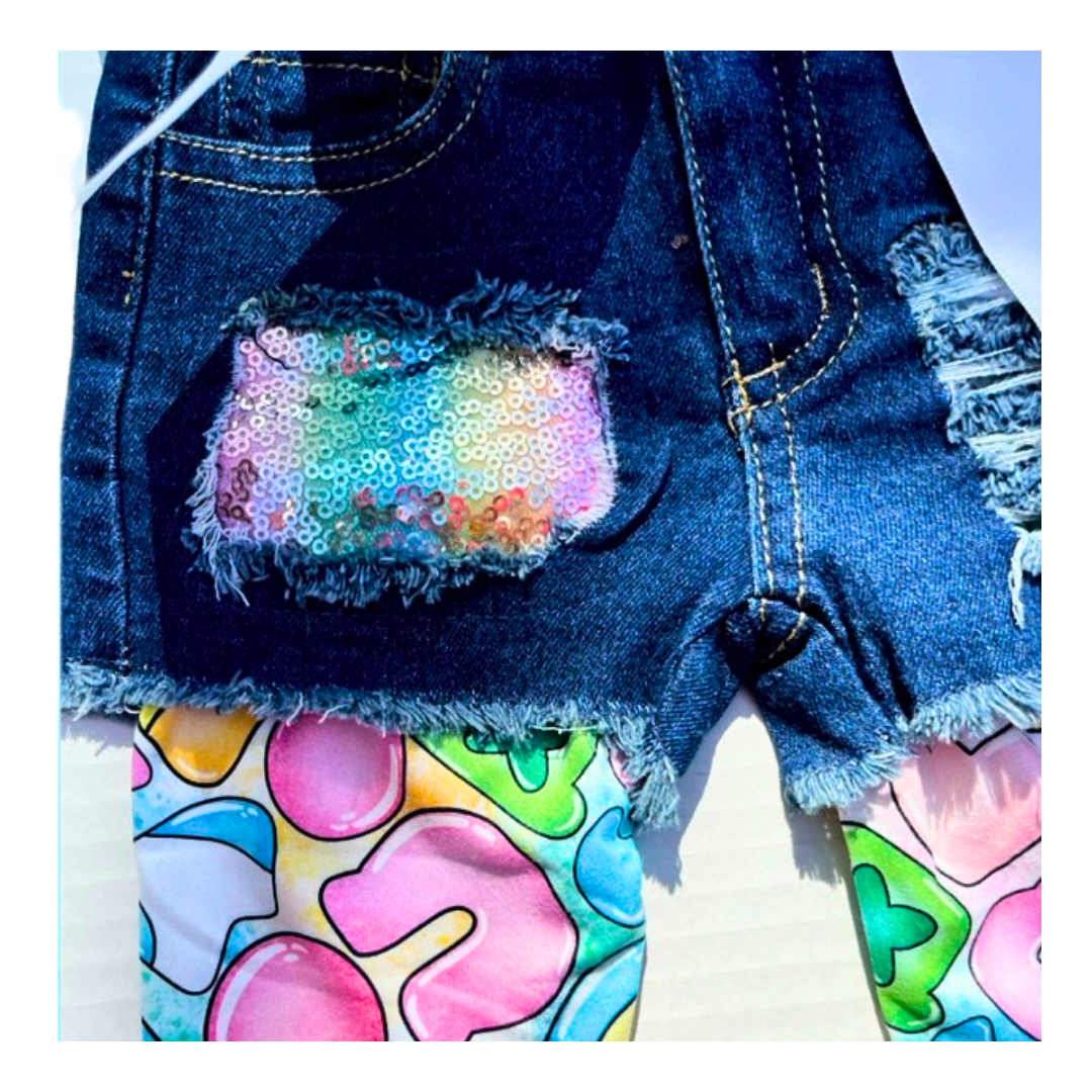 lucky charm girl's outfit, girl's st. Patricks day outfit, kids online clothing boutique, lucky charm outfit, lucky charm top for girls and kids, lucky charm leggings denim short set 