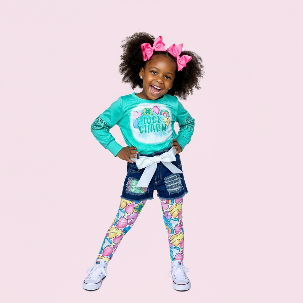 lucky charm girl's outfit, girl's st. Patricks day outfit, kids online clothing boutique, lucky charm outfit, lucky charm top for girls and kids, lucky charm leggings denim short set, st. paddy's day outfit for kids and babies
