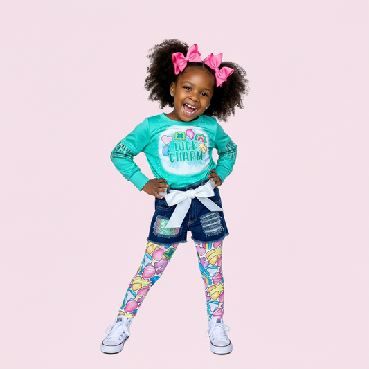 lucky charm girl's outfit, girl's st. Patricks day outfit, kids online clothing boutique, lucky charm outfit, lucky charm top for girls and kids, lucky charm leggings denim short set, st. paddy's day outfit for kids and babies