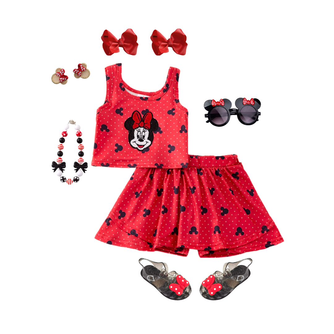 outfit for disney park, minnie mouse girls outfit, minnie mouse short set, Minnie Mouse skort set tiered skort disney character outfit for girls, online kids boutique disney clothing, red Minnie Mouse outift, Disney vacation clothes, theme park kids clothes