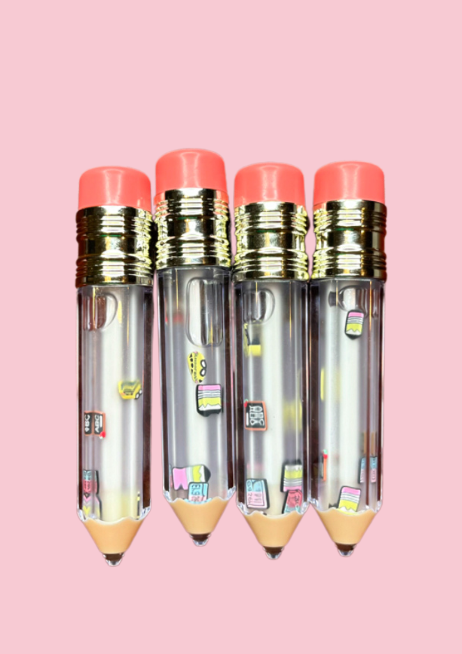 School Days' lip gloss tubes shaped like pencils with red eraser tops, featuring mini school-themed charms inside such as books, calculators, and buses. kid's lip gloss for girls, teacher appreciation gift, lip gloss for school gifts, stocking stuffers, novelty lip gloss, kawaii makeup