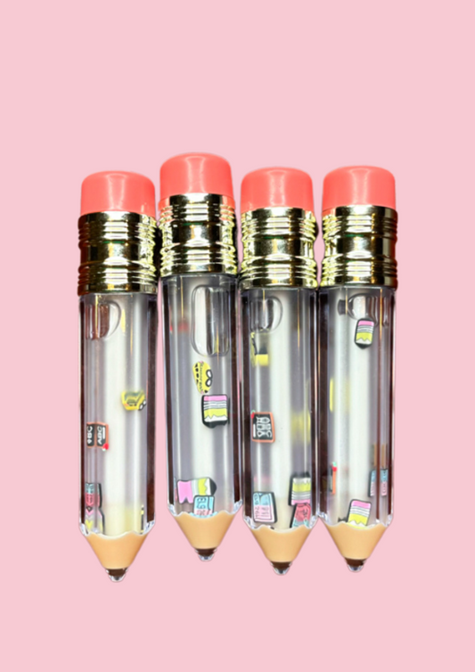 School Days' lip gloss tubes shaped like pencils with red eraser tops, featuring mini school-themed charms inside such as books, calculators, and buses. kid's lip gloss for girls, teacher appreciation gift, lip gloss for school gifts, stocking stuffers, novelty lip gloss, kawaii makeup