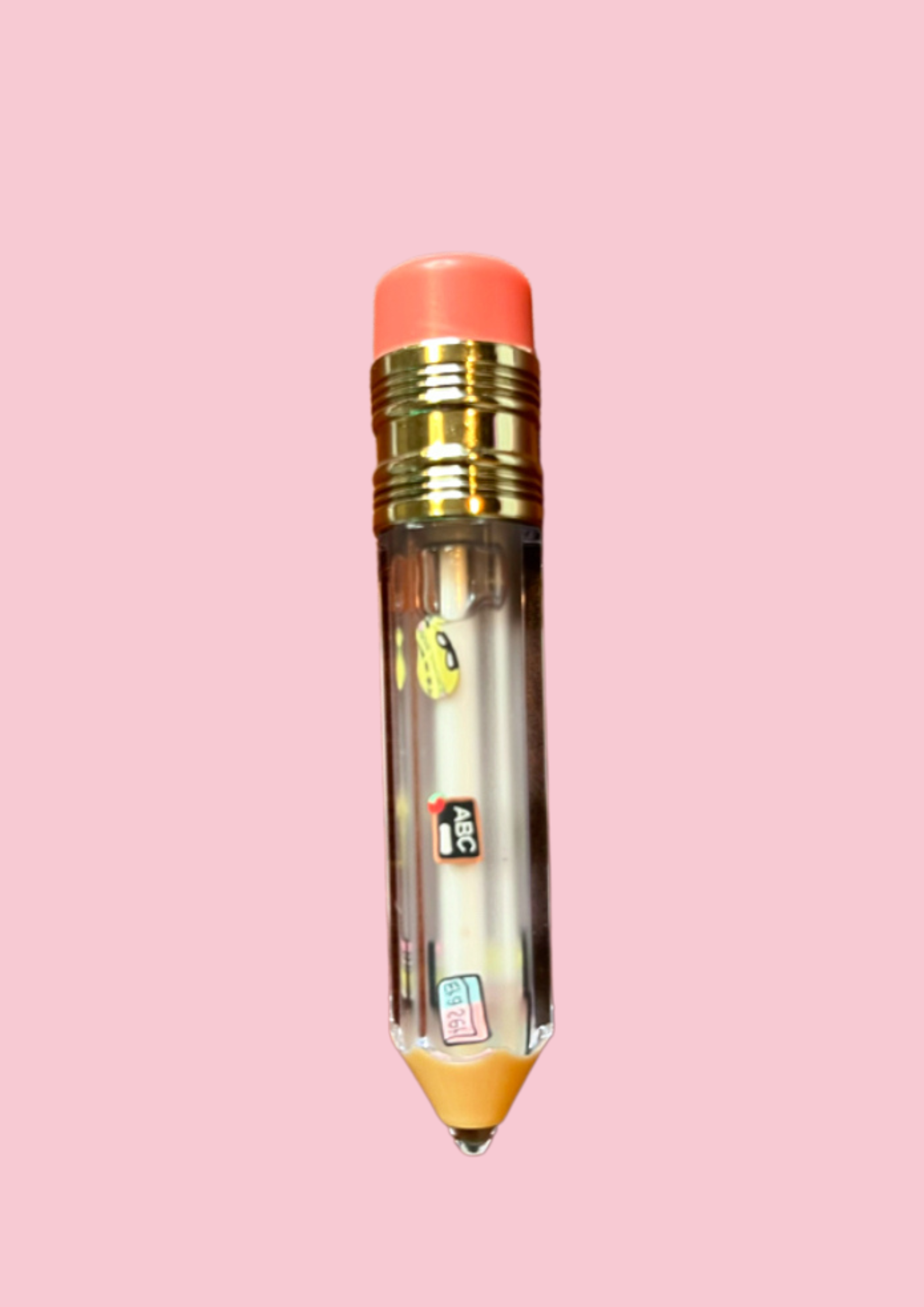 School Days' lip gloss tubes shaped like pencils with red eraser tops, featuring mini school-themed charms inside such as books, calculators, and buses. kid's lip gloss for girls, teacher appreciation gift, lip gloss for school gifts, stocking stuffers