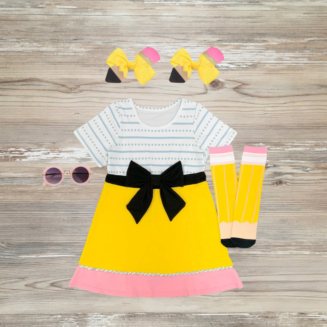 pencil dress, back to school dress, composition dress, notebook dress, notebook paper dress, pencil bow dress, pencil back to school clothes, kids boutique clothes 