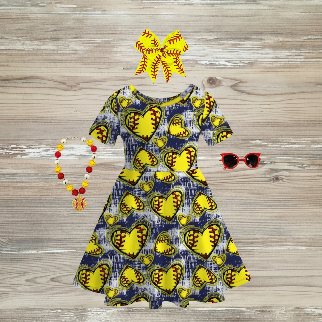 softball dress, softball spirit dress, girls softball dress faux denim softball dress, online boutique clothing kids, kids softball clothes, boutique softball clothes, girls online clothing, my heart is on the field