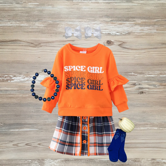 spice girl fall set, spice girl skirt set, fall skirt set, kids boutique clothing, disability awareness, pumpkin spice, girls outift