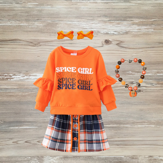 spice girl fall set, spice girl skirt set, fall skirt set, kids boutique clothing, fall vibes, pumpkin spice, “Spice Girl” sweatshirt, plaid skirt, girls skirt set, kids online boutique girls skirts