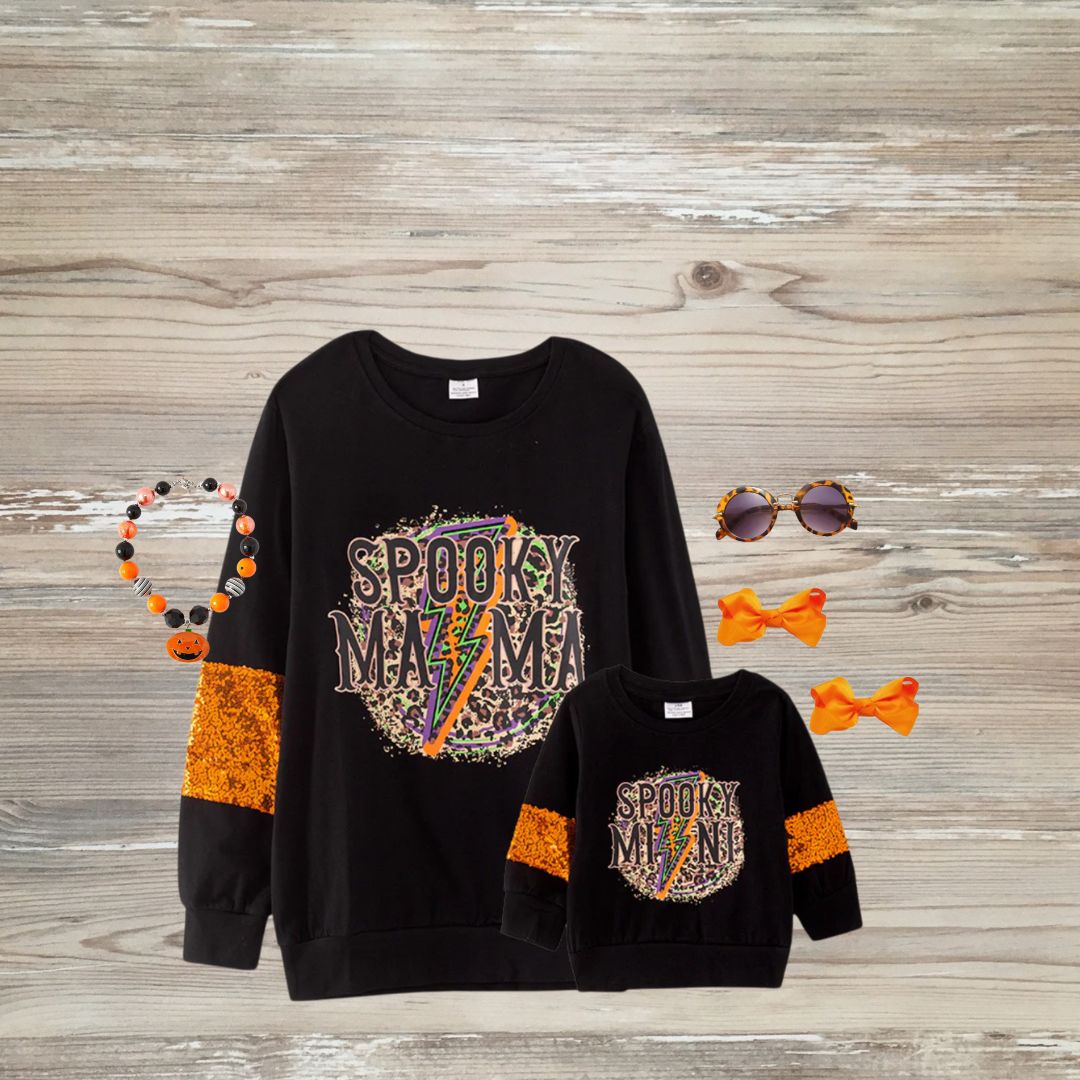 spooky mama, spooky mini fall halloween mommy and me tops, leopard top sequin, spooky mini kids boutique clothing mommy and me clothing 