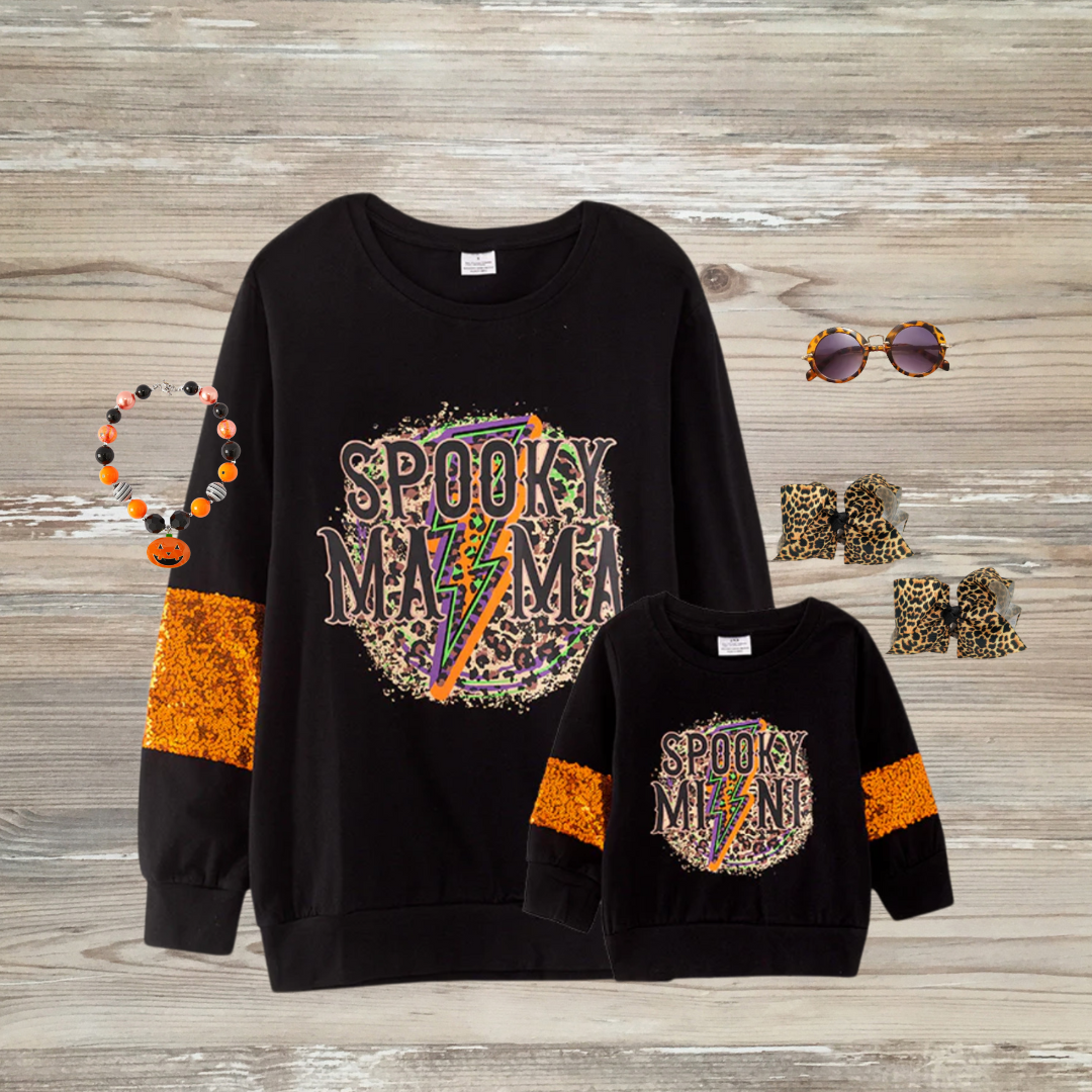 spooky mama, spooky mini fall halloween mommy and me tops, leopard top sequin, spooky mini kids boutique clothing mommy and me clothing 