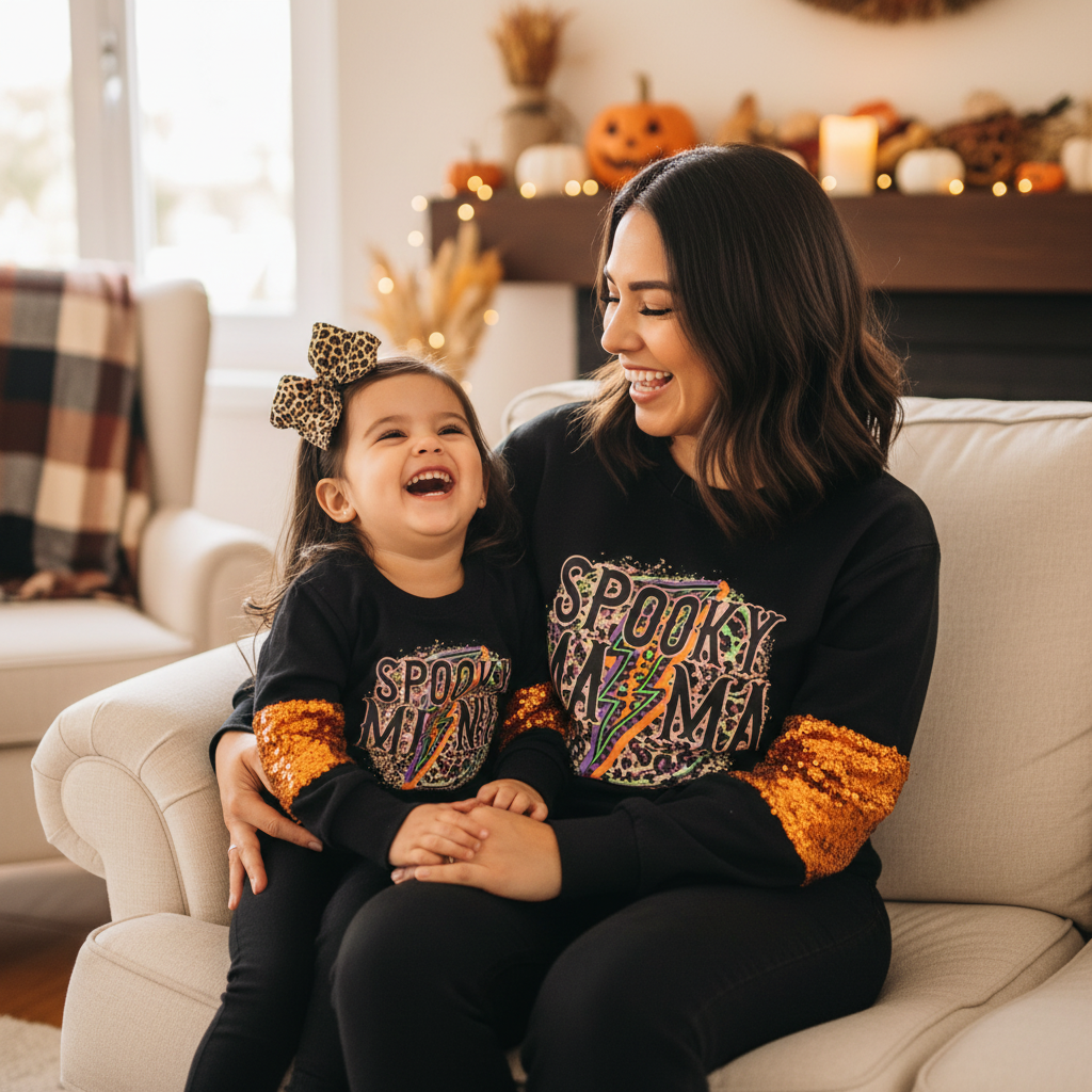 spooky mama, spooky mini fall halloween mommy and me tops, leopard top sequin, spooky mini kids boutique clothing mommy and me clothing, family matching clothing, girl top, online kids boutique, trending clothing for moms and daughters