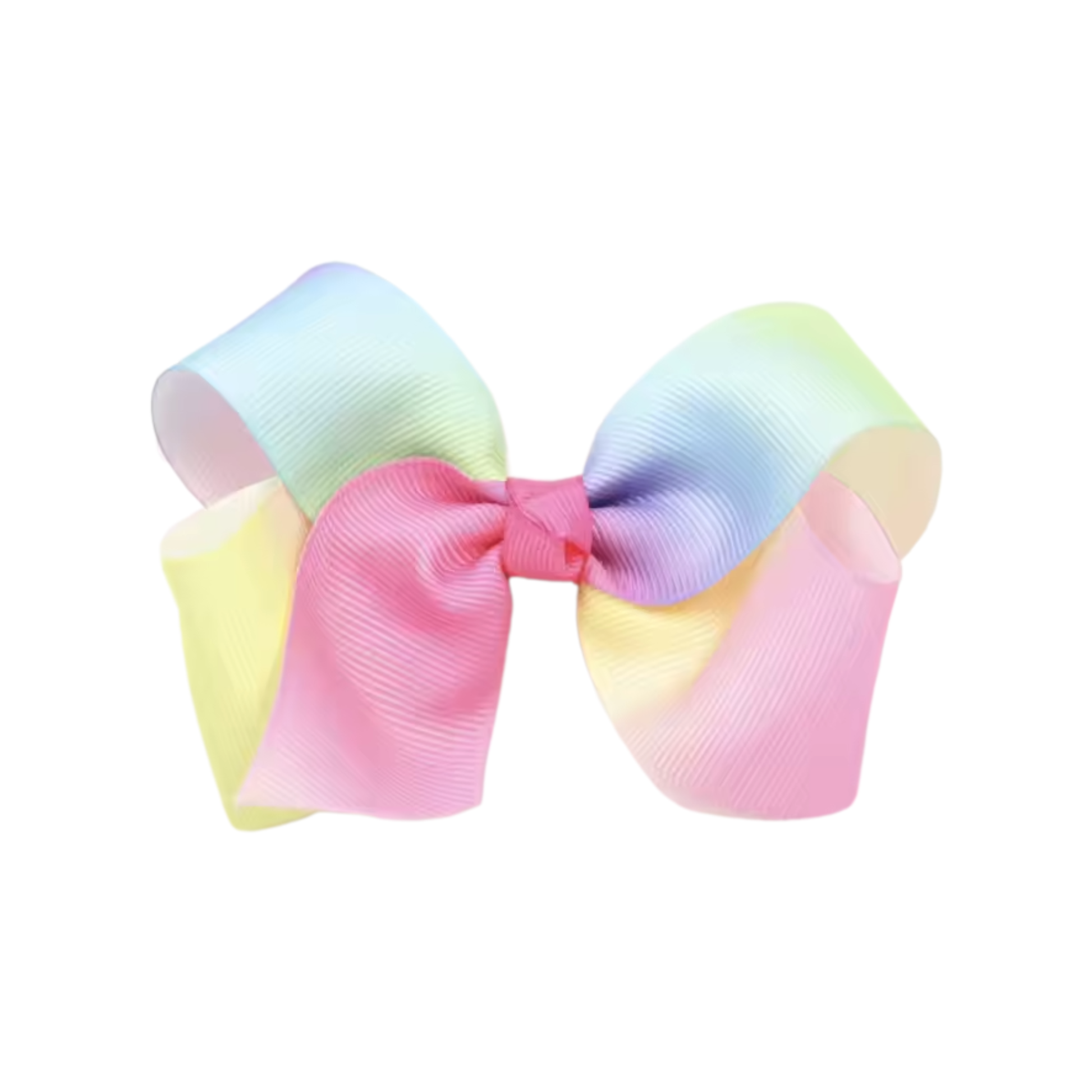 spring, hair bows for girls, pastel hair bows, large boutique-style hair bow made of pastel rainbow grosgrain ribbon with shades of pink, yellow, purple, and blue, pastel rainbow girl's hair bow, baby and kids online boutique hair bows