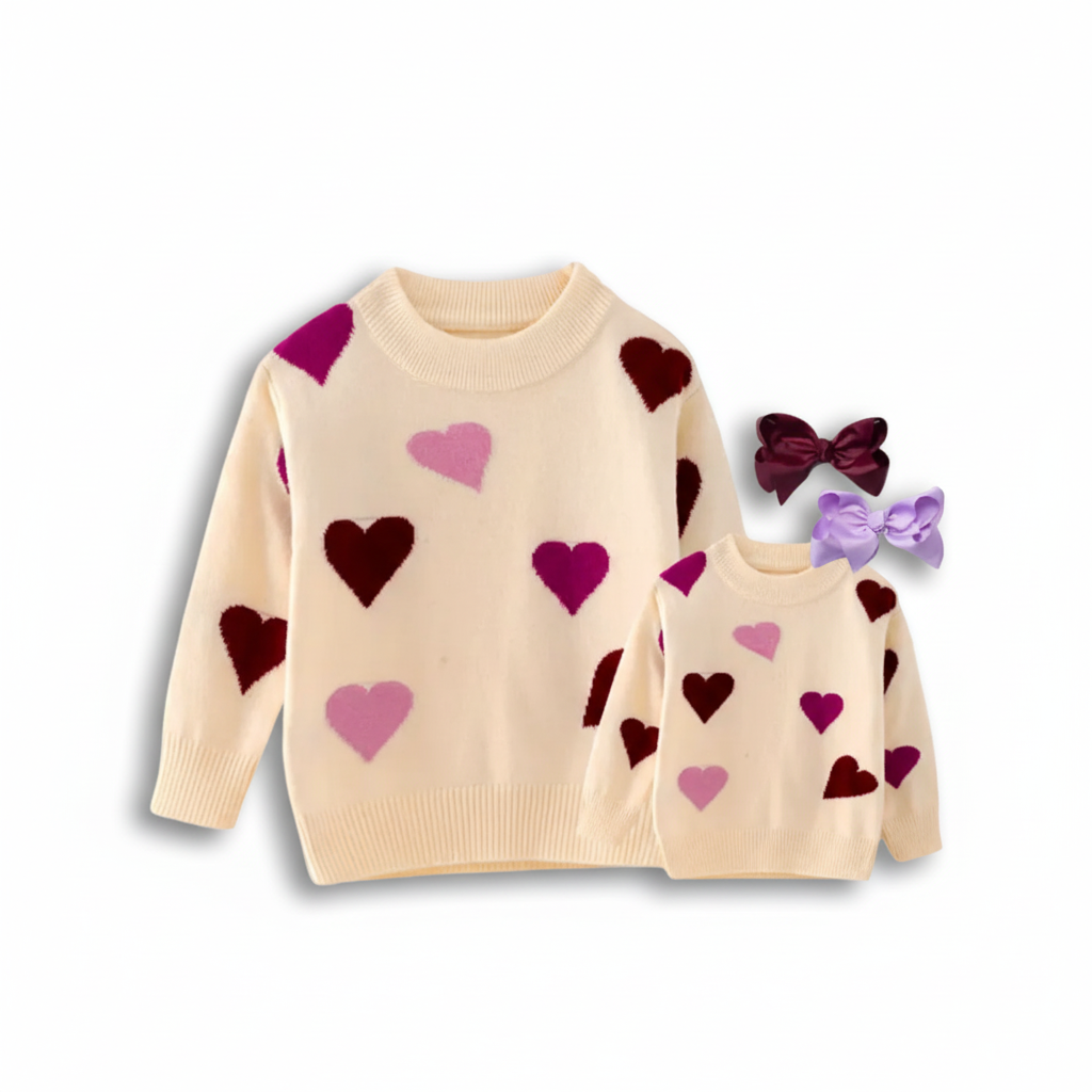 mommy and me heart sweaters valentine's day heart sweater, matching sweaters, cream heart sweater, purple hearts, purple heart, family matching clothes