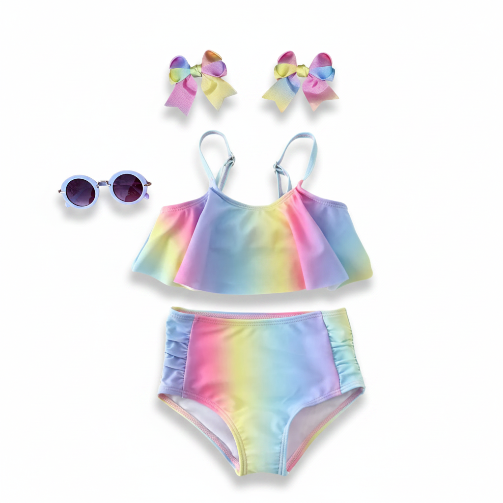 Pastel Rainbow Ombre 2-Piece Swimsuit Set bikini, girl's swimsuit, baby and kids swimsuits for summer, baby and kids online boutique clothing, high waist kids bikini swimsuit, girl's swimwear for summer, girl's high-waist swimming suit, girls bathing suit 