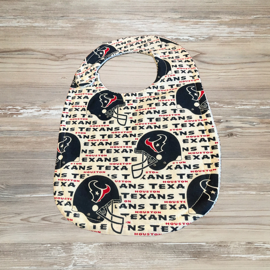 Baby bib with Houston Texans, Houston Texans-themed adaptive baby bib with sensory-friendly fabric, featuring football helmets and team logos, designed for children with special needs and all kids