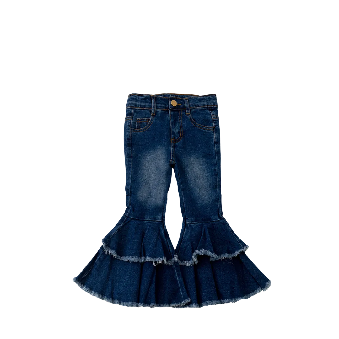 girls double layered flare bell bottom jeans, girls jeans, boutique jean for kids, them jeans, layered jeans bell bottom jeans, them jeans, girl's flair jeans, kids online clothing boutique, kids fashion, girl's western jeans, girl's jeans for rodeo kids western and rodeo jeans