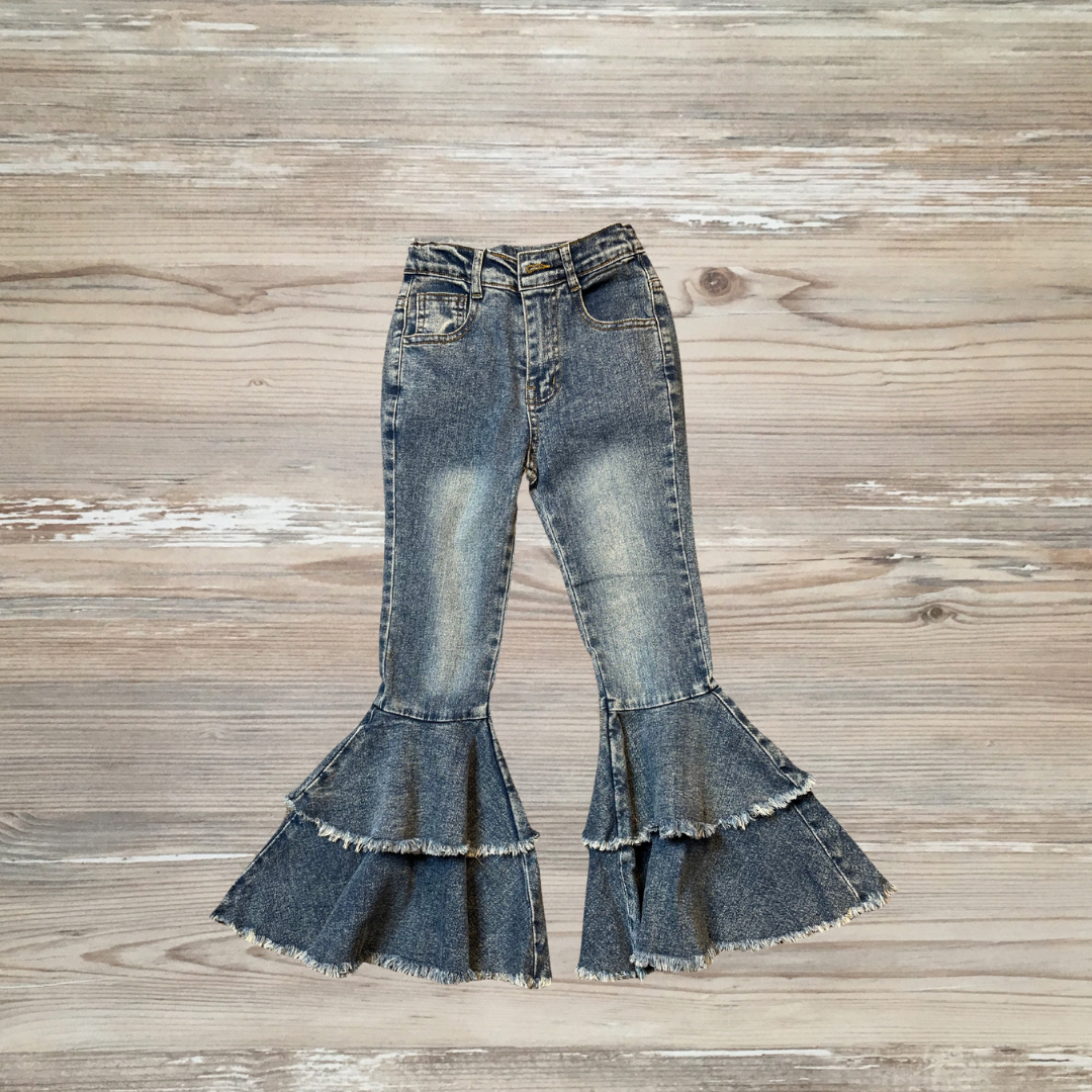 girls double layered flare bell bottom jeans, girls jeans, boutique jean for kids, them jeans, layered jeans bell bottom jeans, them jeans boutique jeans for girls