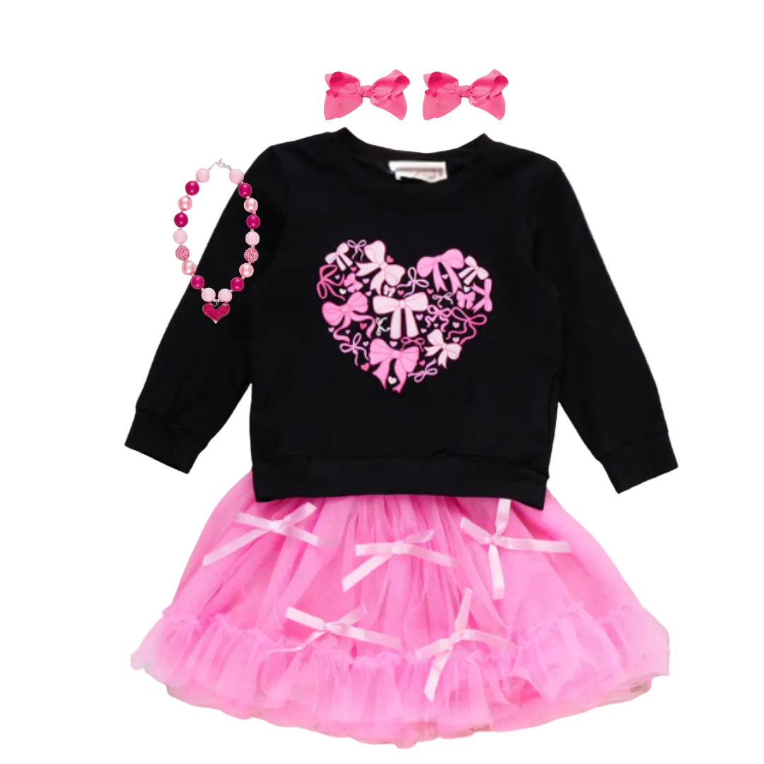 girl's valentine outfit, skirt outfit, valentine bow outfit for girls, pink bow outfit for girls valentines day, tulle skirt, kids online boutique valentine's day clothes trendy croqeutte bow valentines day outfit , heart bow, tutu tulle skirt set, Girls Valentine’s Day Tutu Set outfit, online boutique girls valentine's day outfit