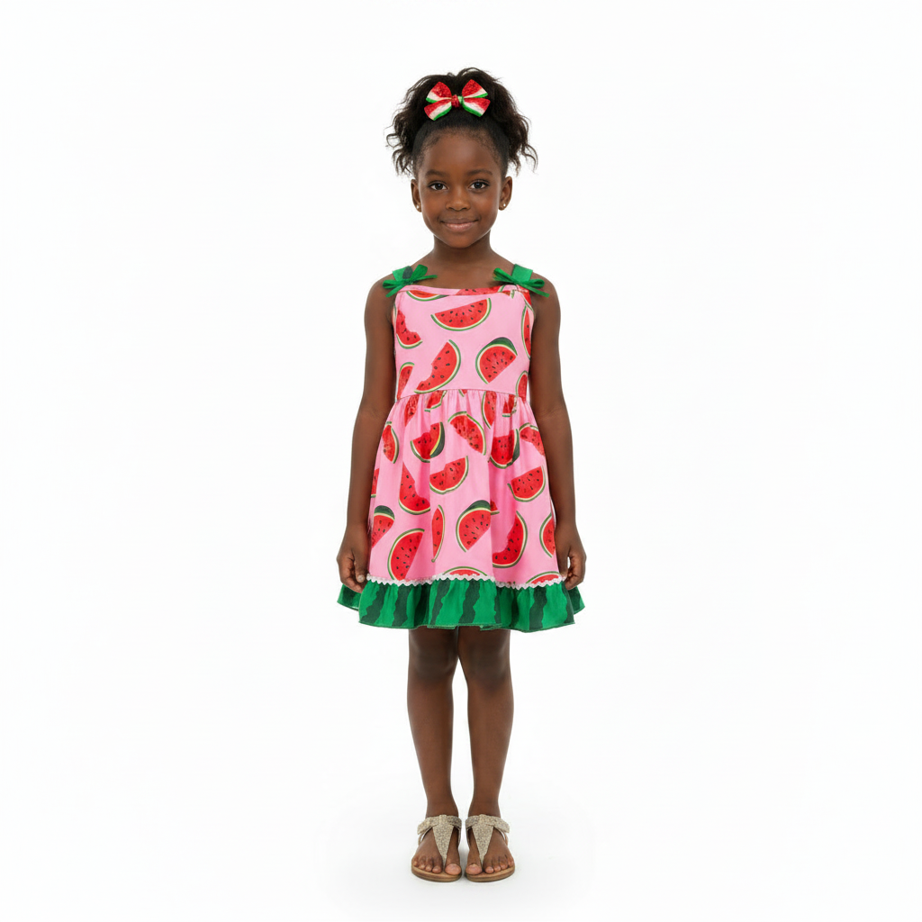 girls summer sundress featuring a vibrant pink body covered in an all-over watermelon slice print. The sleeveless dress has dark green shoulder straps with small green bow accents and finishes with a green watermelon-rind patterned ruffle hem separated by thin white rick-rack trim. online kids boutique clothing