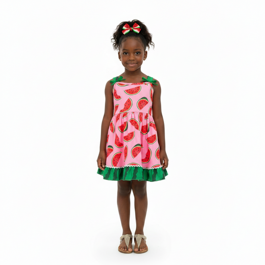 girls summer sundress featuring a vibrant pink body covered in an all-over watermelon slice print. The sleeveless dress has dark green shoulder straps with small green bow accents and finishes with a green watermelon-rind patterned ruffle hem separated by thin white rick-rack trim. online kids boutique clothing